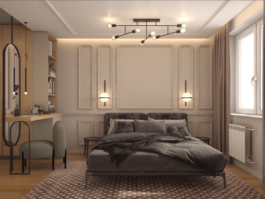 Bež spavaća soba sa ram lajsnama i crnim lusterom Spavaća soba u bež tonovima sa ram lajsnama iza kreveta, crnim modernim lusterom i LED svetlom oko plafona